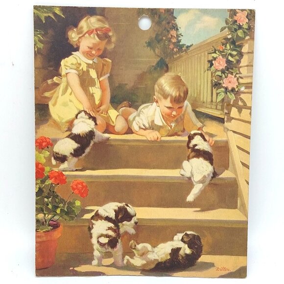 Vintage Jewel Tea Co Receipt Card 1940s Puppies Children by Dillon 7.5" x 9.5" - Picture 1 of 4